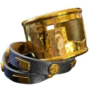 Rustic Cuff Oklahoma Leather and Metal Goldtone Set of two Logo Bracelets